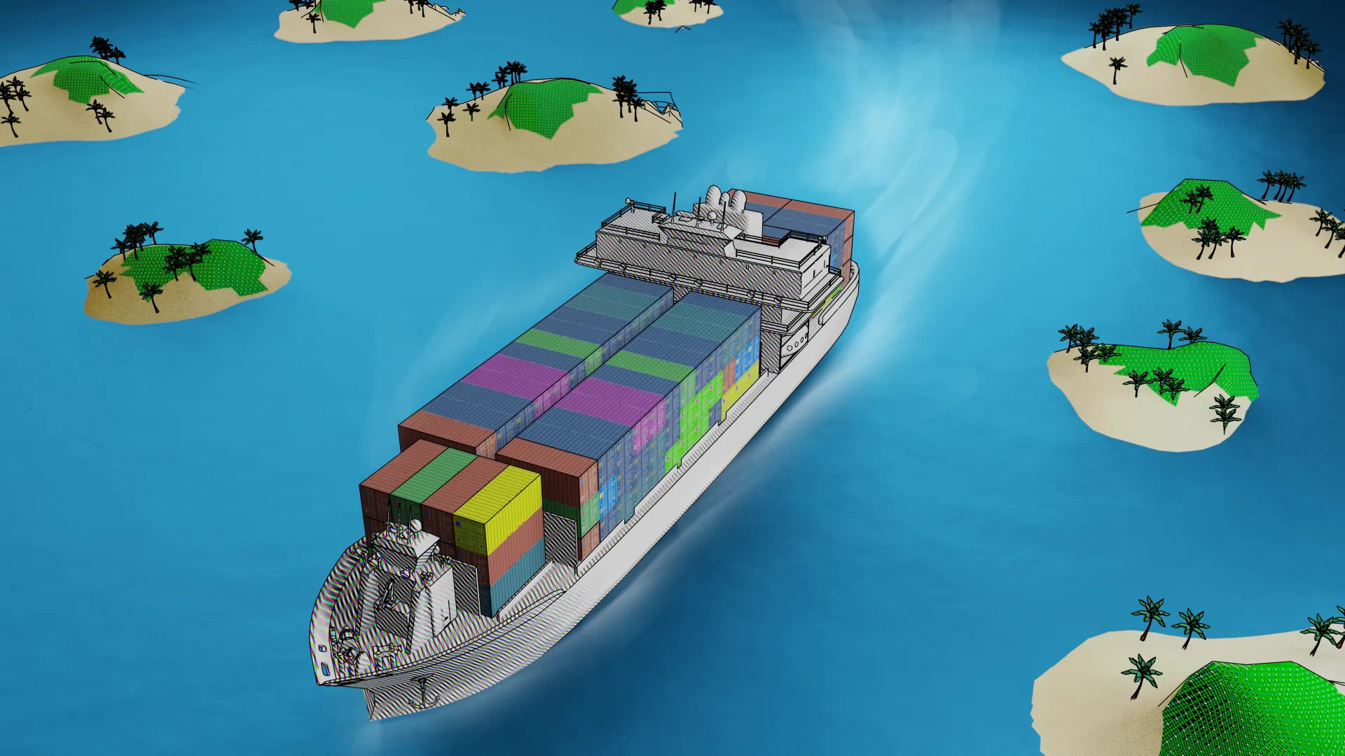 Illustration of a cargo ship transporting several containers past a string of islands